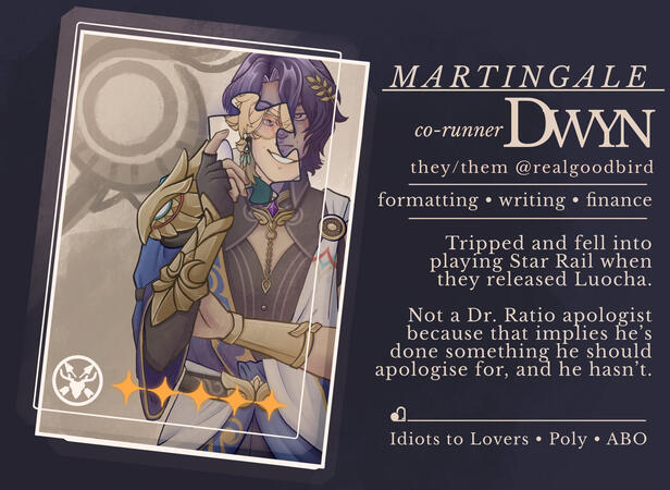 a mockup lightcone from the game honkai starrail of an illustration of dr ratio holding a dream puzzle piece over his face, aventurines face is visible on the dream puzzle piece. text to the side reads: Martingale - co runner: Dwyn - they/them - @ realgood